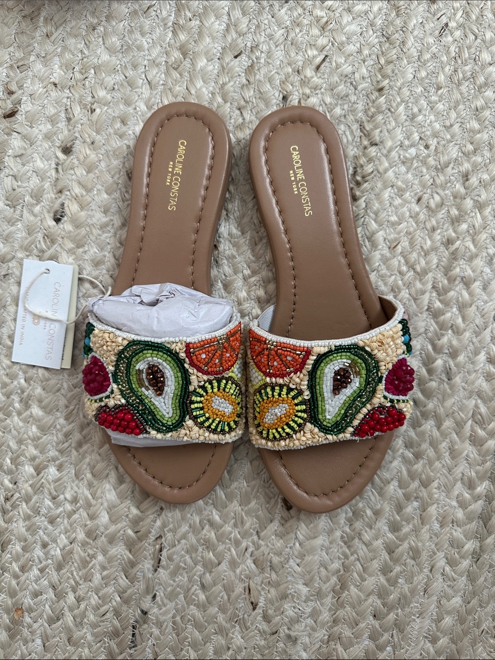 NWT Caroline Constas Tan Beaded Fruit Slide Sandals size 9